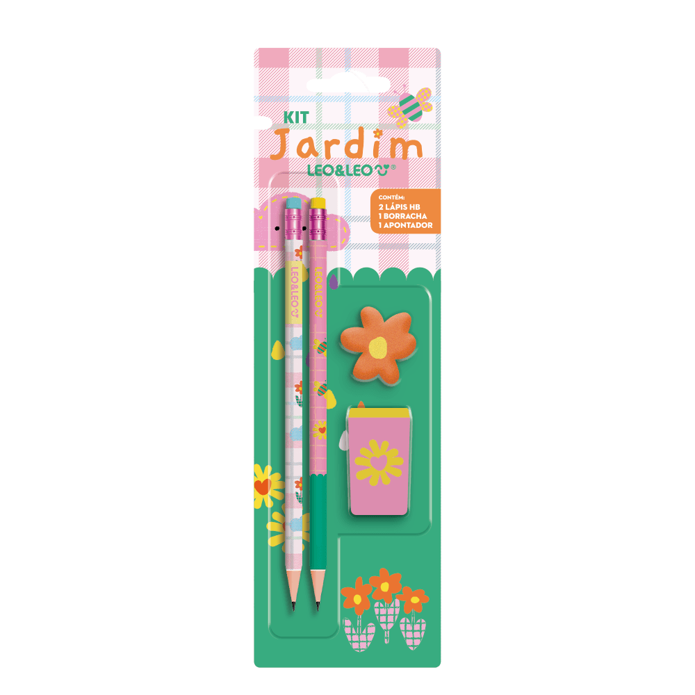 Kit Lápis Jardim 2 Lápis Hb Apontador Borracha LeoeLeo