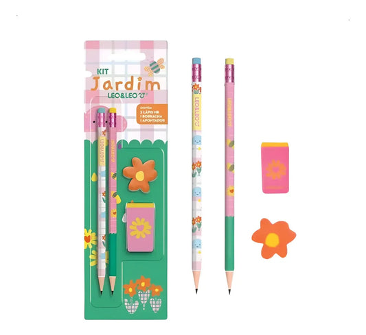 Kit Lápis Jardim 2 Lápis Hb Apontador Borracha LeoeLeo