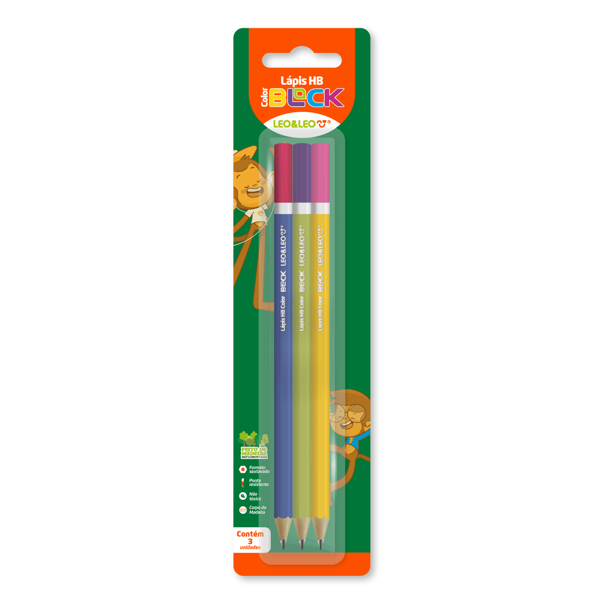 Kit com 3 Lápis Grafite HB Color Block LeoeLeo