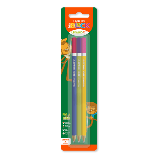 Kit com 3 Lápis Grafite HB Color Block LeoeLeo