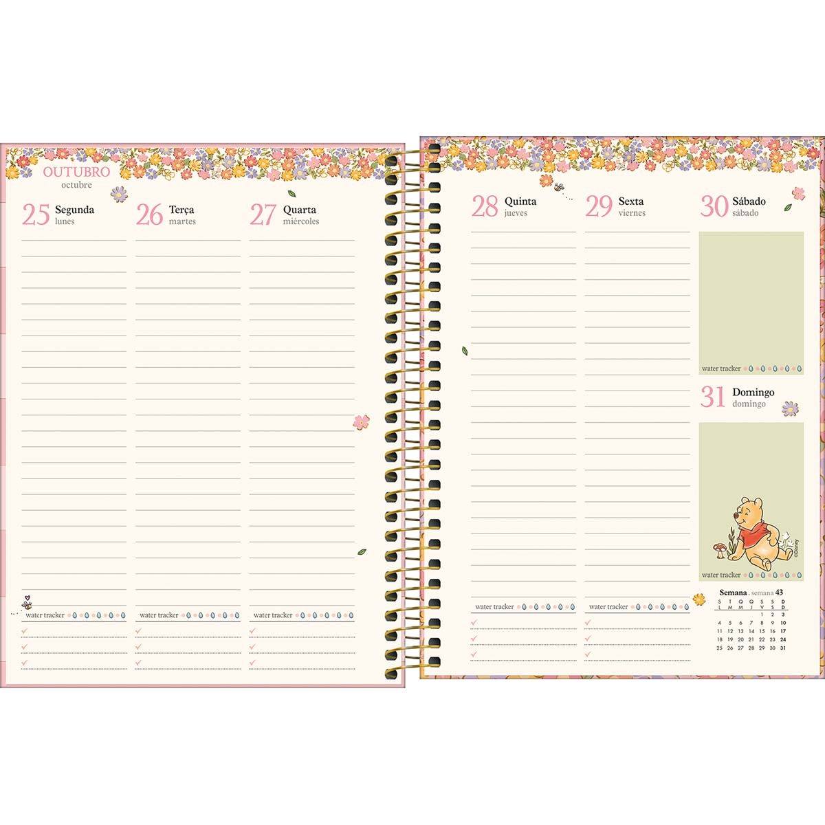 Página interna do Planner Ursinho Pooh 2027 Tilibra mostrando a semana de 25 a 31 de outubro, com layout diário, water tracker, calendário mensal e ilustração do Pooh no canto.