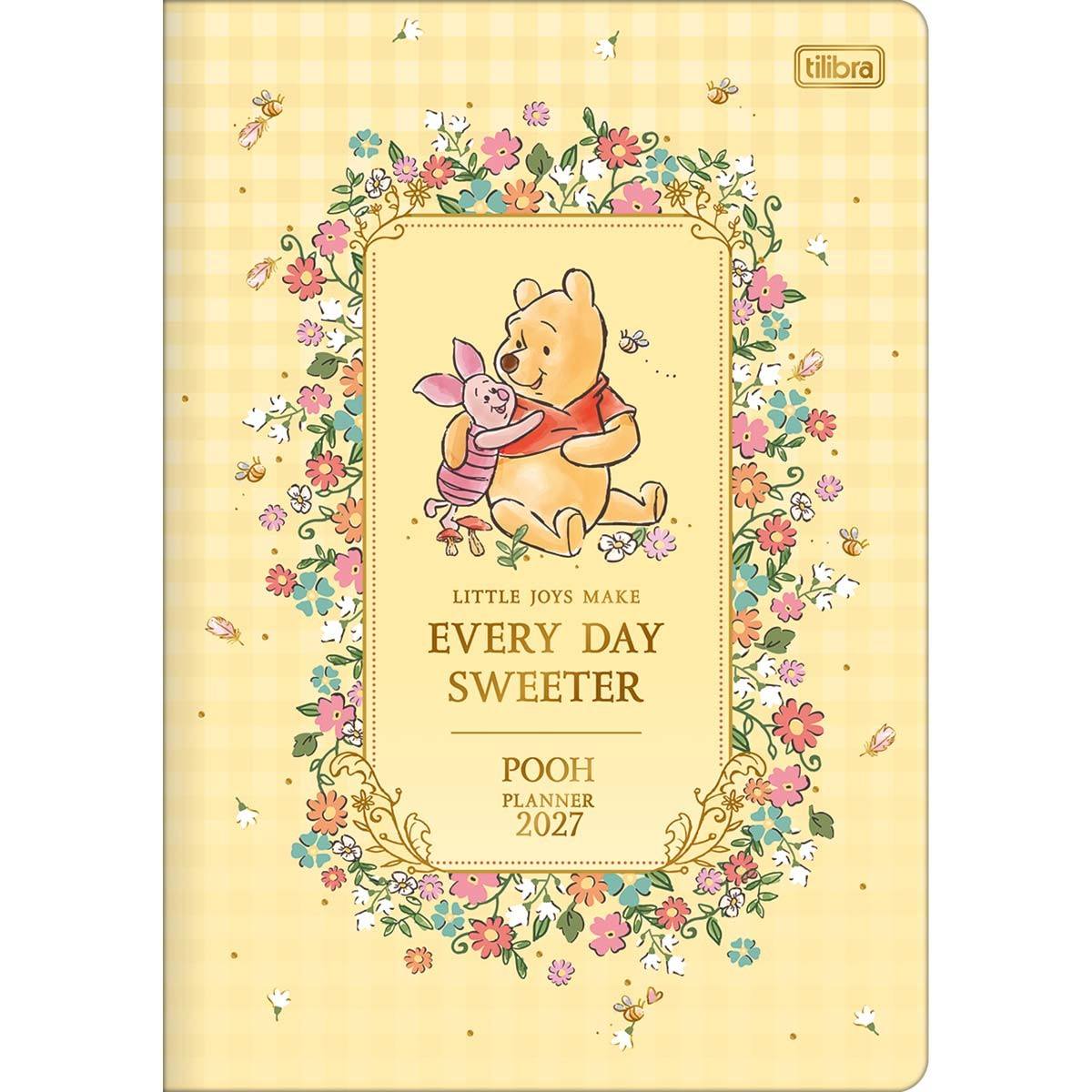 Agenda Pooh 2027 com flores e personagens, ideal para planejamento diário e organização