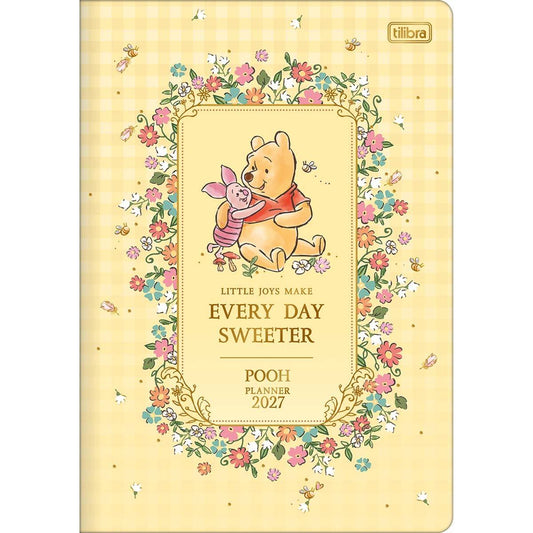 Agenda Pooh 2027 com flores e personagens, ideal para planejamento diário e organização